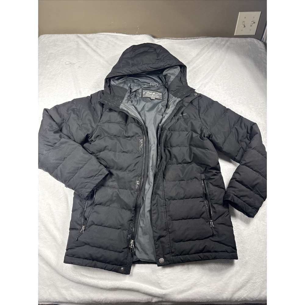 Eddie Bauer Men Black Hooded 80% Goose Down Puffer Quilted Jacket Medium 650